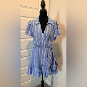 Cinq à Sept Lila Ticking Stripe Wrap Mini Dress - Oxford Blue